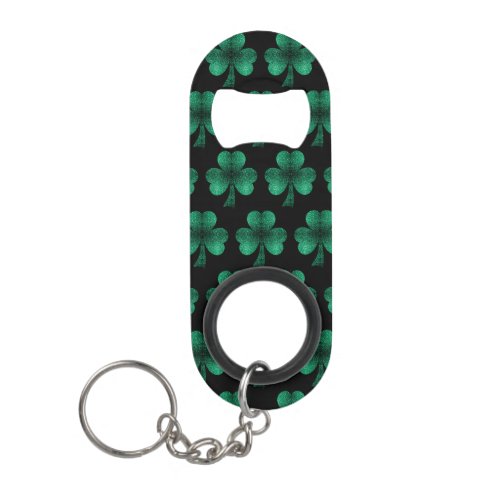 Emerald Green Sparkles Shamrock pattern black Keychain Bottle Opener