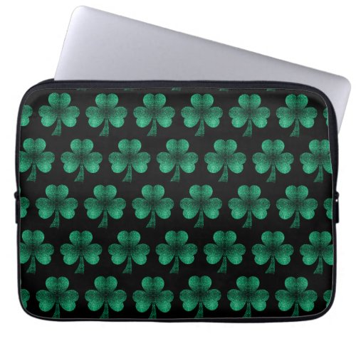 Emerald Green Sparkles Shamrock pattern black Laptop Sleeve