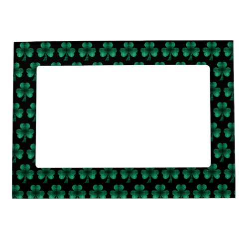 Emerald Green Sparkles Shamrock pattern black Magnetic Frame