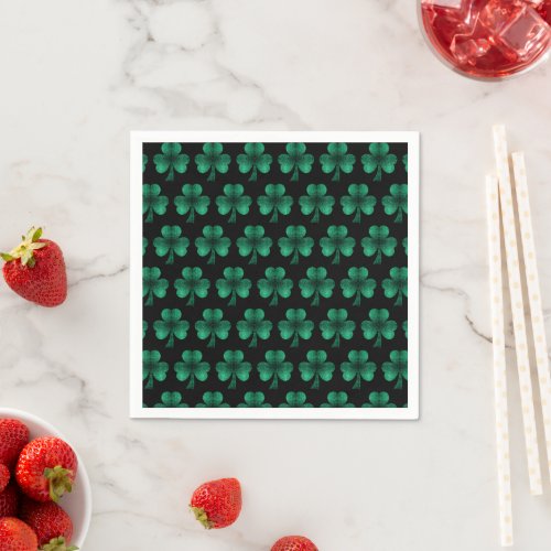 Emerald Green Sparkles Shamrock pattern black Napkins