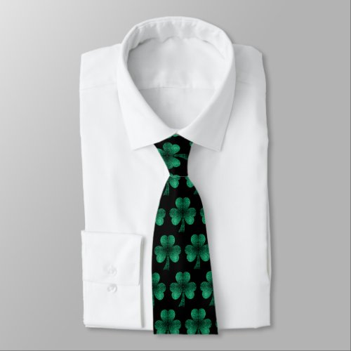 Emerald Green Sparkles Shamrock pattern black Neck Tie