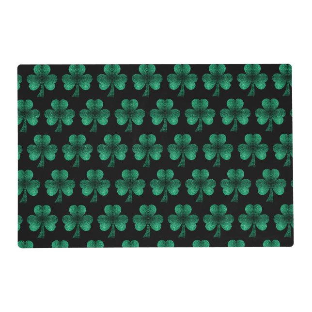 Emerald Green Sparkles Shamrock pattern black Placemat (Front)