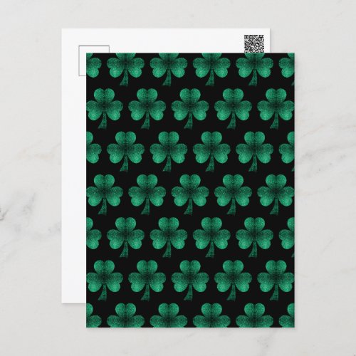 Emerald Green Sparkles Shamrock pattern black Postcard