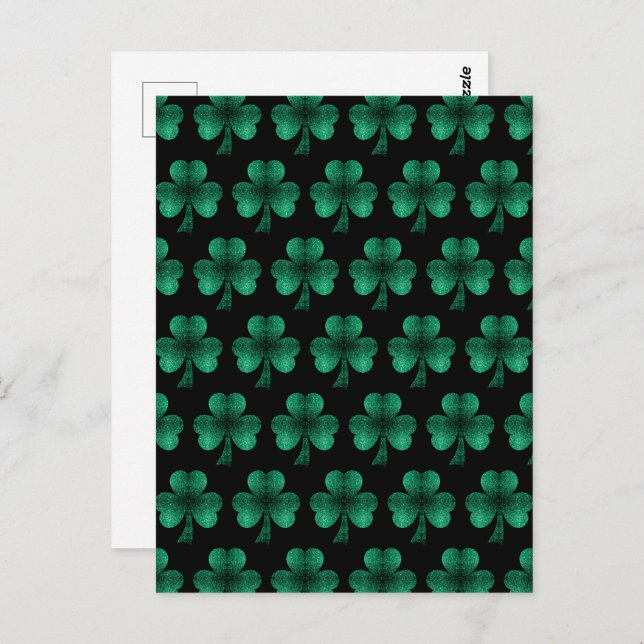 Emerald Green Sparkles Shamrock pattern black Postcard (Front/Back)