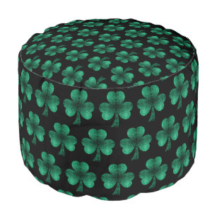 Emerald Green Sparkles Shamrock pattern black Pouf