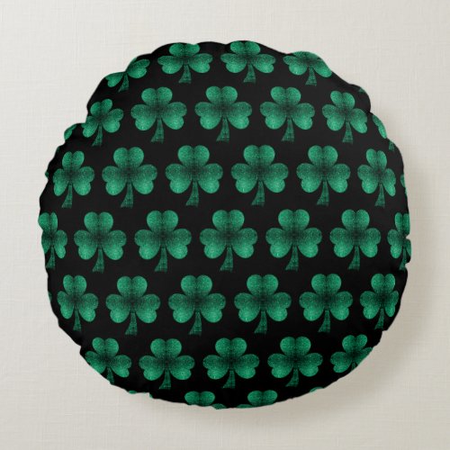 Emerald Green Sparkles Shamrock pattern black Round Pillow