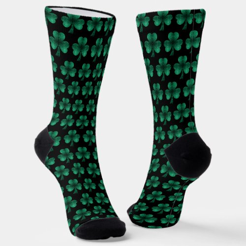 Emerald Green Sparkles Shamrock pattern black Socks
