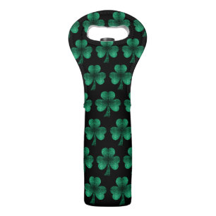 Emerald Green Sparkles Shamrock pattern black Wine Bag