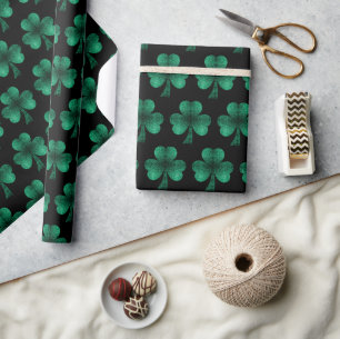 Emerald Green Sparkles Shamrock pattern black Wrapping Paper