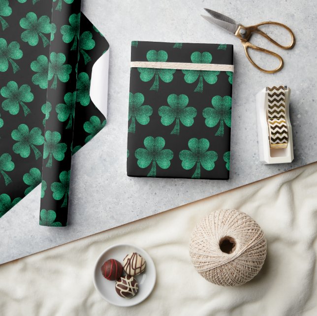 Emerald Green Sparkles Shamrock pattern black Wrapping Paper (Crafts)