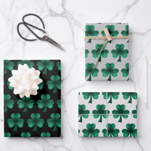Emerald Green Sparkles Shamrock pattern black Wrapping Paper Sheets