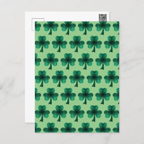 Emerald Green Sparkles Shamrock pattern sage green Postcard