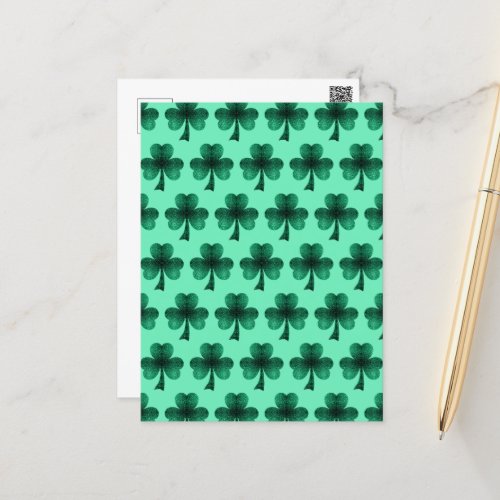 Emerald Green Sparkles Shamrock pattern turquoise  Postcard