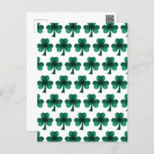 Emerald Green Sparkles Shamrock pattern white  Postcard