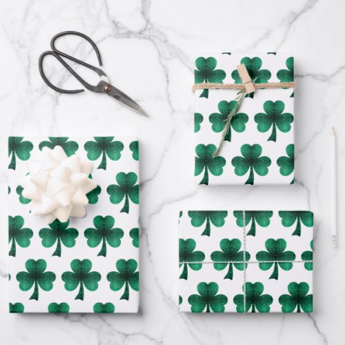 Emerald Green Sparkles Shamrock pattern white Wrapping Paper Sheets