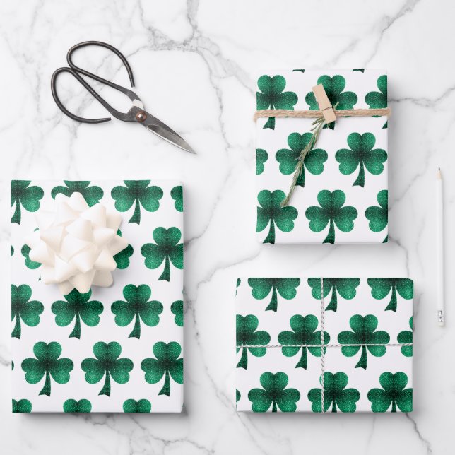 Emerald Green Sparkles Shamrock pattern white Wrapping Paper Sheets (Front)