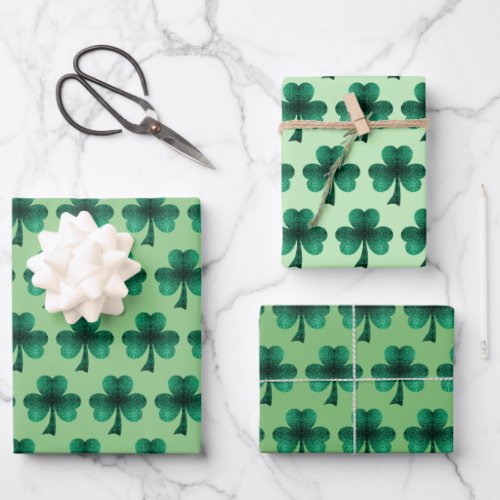 Emerald Green Sparkles Shamrock pattern Wrapping Paper Sheets