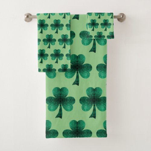 Emerald Green Sparkles Shamrock St Patricks Day Bath Towel Set