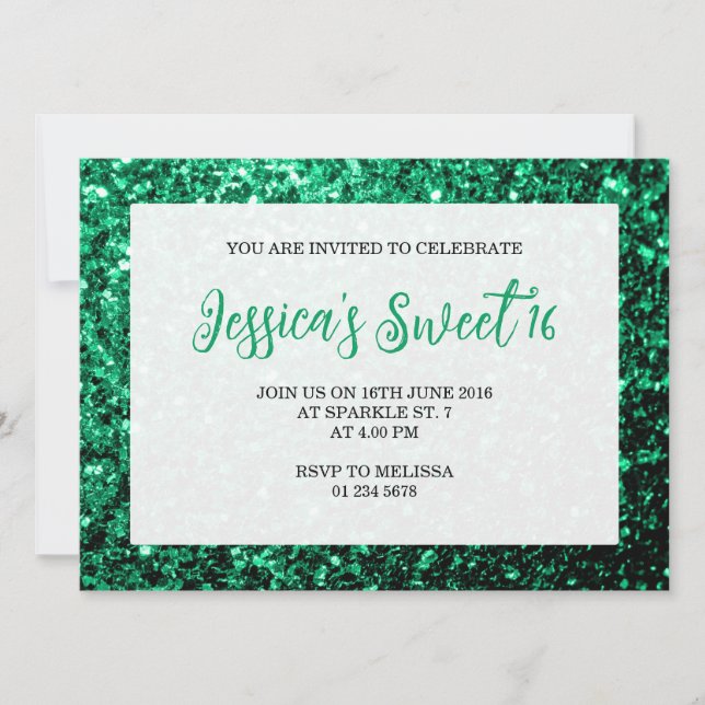 Emerald green sparkles Sweet 16 elegant script Invitation (Front)