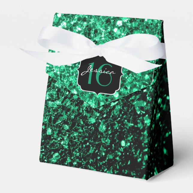 Emerald Green sparkles Sweet 16 favor box (Front Side)