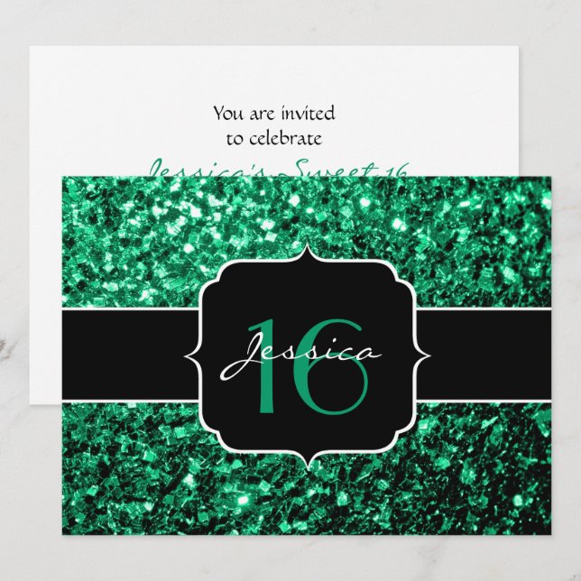 Emerald Green sparkles Sweet 16 Invitation (Front/Back)