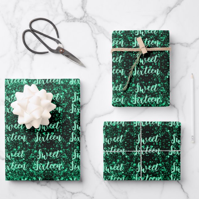 Emerald Green sparkles Sweet 16 script pattern Wrapping Paper Sheets (Front)