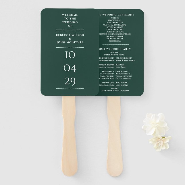 Emerald Green Special Date Wedding Program Hand Fan (Front and Back)