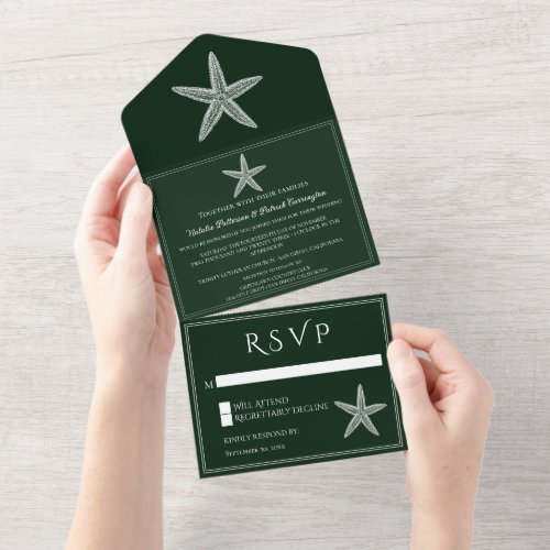 Emerald Green Starfish Wedding All In One Invitation