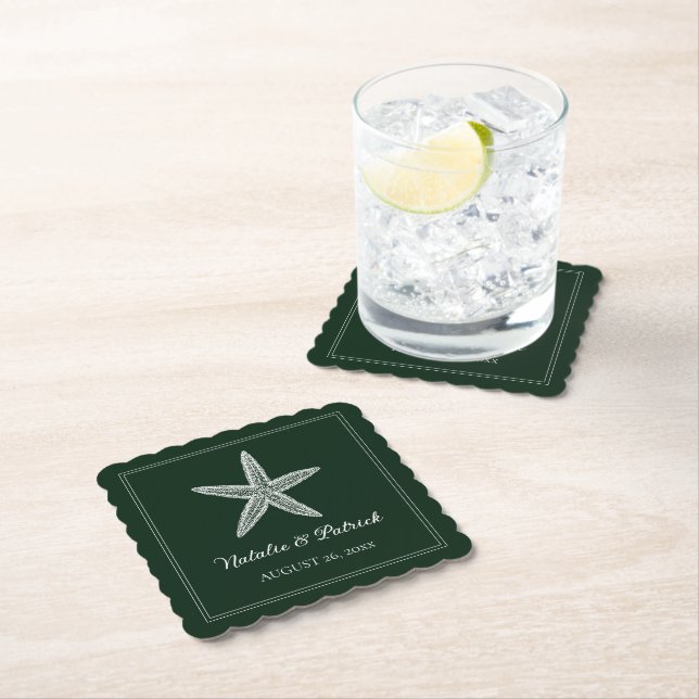 Emerald Green Starfish Wedding Paper Coaster (Insitu)