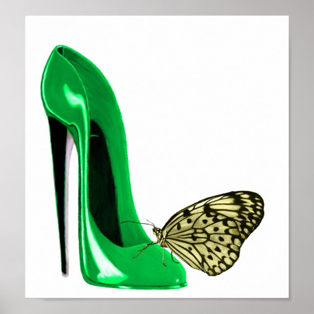 Emerald Green Stiletto and Butterfly Art Poster (Front)