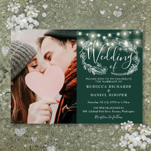 Emerald Green String Lights Floral Photo Wedding Invitation