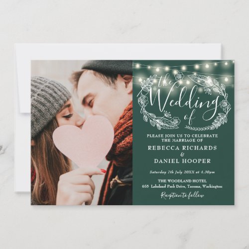 Emerald Green String Lights Floral Photo Wedding Invitation