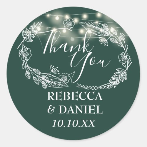 Emerald Green String Lights Floral Thank You Classic Round Sticker