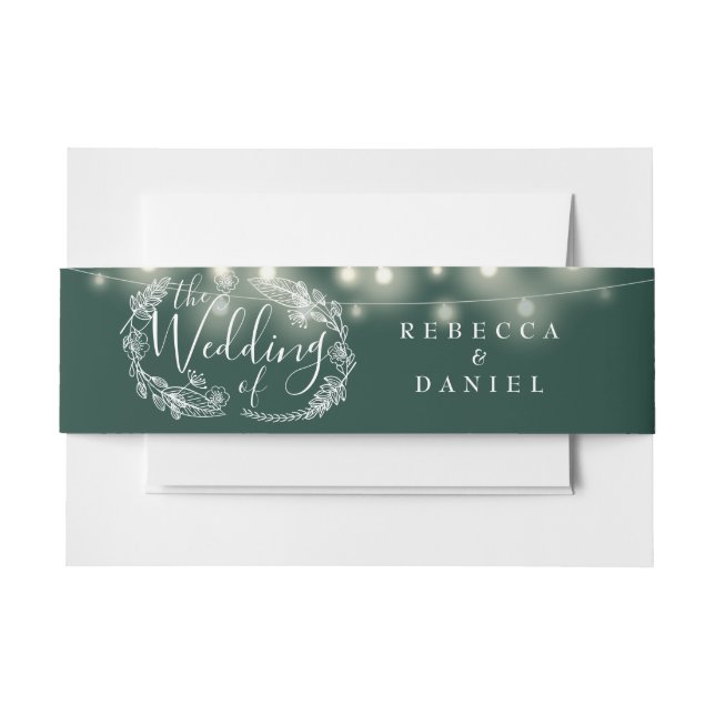Emerald Green String Lights Floral Wedding Invitation Belly Band (Front Example)