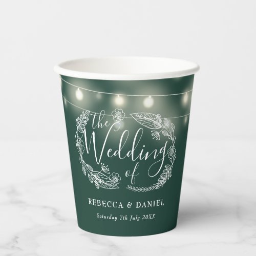 Emerald Green String Lights Floral Wedding Paper Cups
