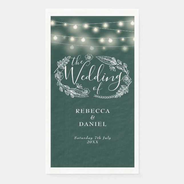Emerald Green String Lights Floral Wedding Paper Guest Towels (Front)