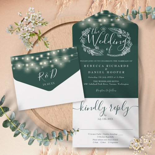 Emerald Green String Lights Foliage Wedding All In One Invitation