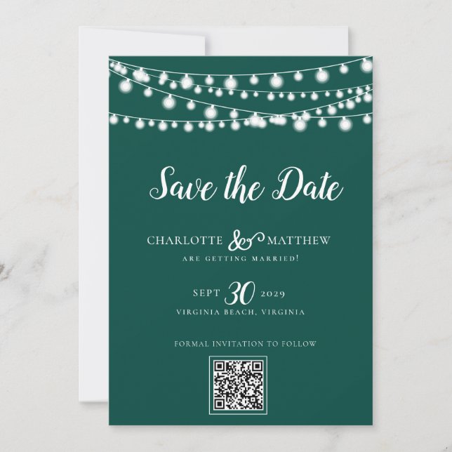 Emerald Green String Lights Modern Script Save the Date (Front)