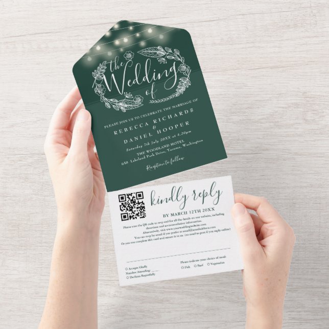 Emerald Green String Lights QR Code Wedding All In One Invitation (Tearaway)