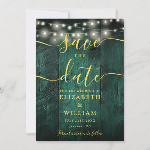 Emerald Green String Lights Rustic Wood Wedding  Save The Date