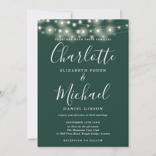 Emerald Green String Lights Script Photo Wedding  Invitation