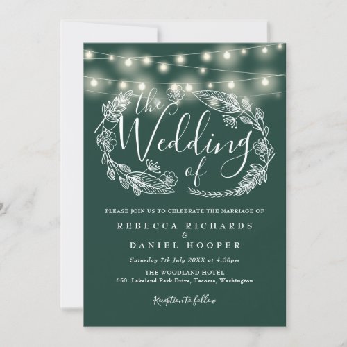 Emerald Green String Lights Script Wedding Invitation