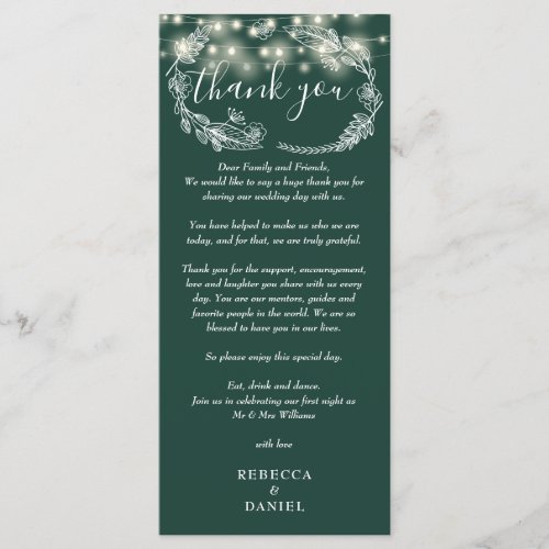 Emerald Green String Lights Thank You Place Card