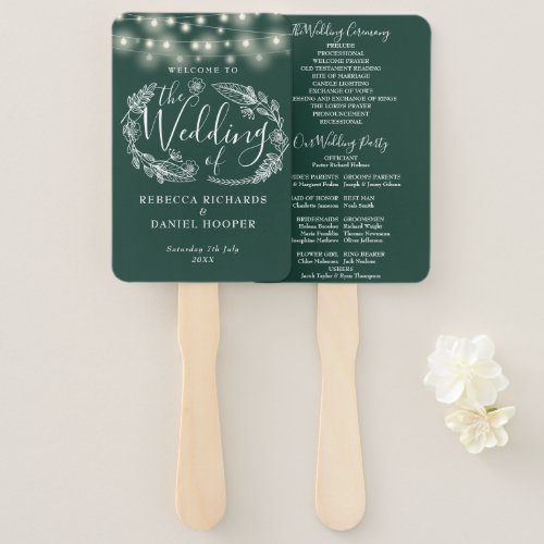 Emerald Green String Lights Wedding Program Hand Fan