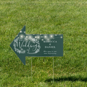 Emerald Green String Lights Wedding This Way Sign