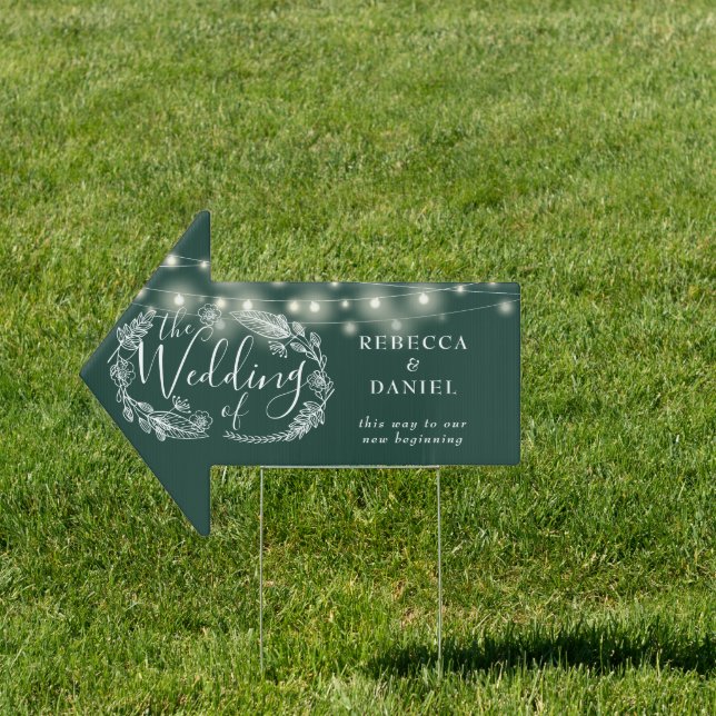 Emerald Green String Lights Wedding This Way Sign (Insitu)