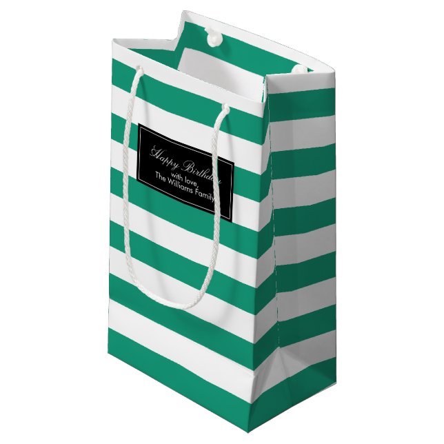 Emerald Green Stripes Pattern Personalized Small Gift Bag (Front Angled)