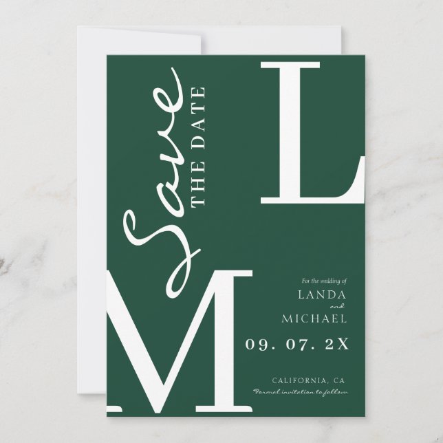 Emerald Green Stylish monogram wedding Save The Date (Front)