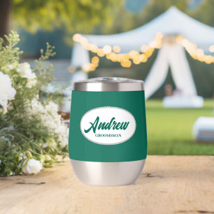Emerald Green Stylized Name Wedding Groomsman Thermal Wine Tumbler