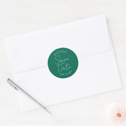 Emerald Green Stylized Save the Date Wedding Classic Round Sticker